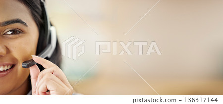 Portrait, call center or happy woman in communication on mockup space banner for customer service. Girl virtual assistant, smile or telemarketing sales agent explaining online in telecom tech support 136317144