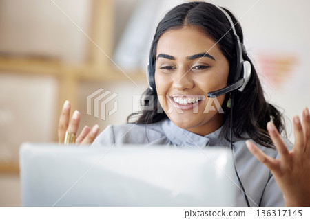 Contact us, call center or happy woman on laptop in communication or talking for customer service. Girl virtual assistant, crm or telemarketing sales agent explaining online in telecom tech support Contact us, call center or happy woman on laptop in communication or talking for customer service. Girl virtual assistant, crm or telemarketing sales agent explaining online in telecom tech support 136317145