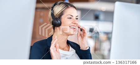 Call center, computer and woman wave on video for communication, support and contact us for customer service. Hello, telemarketing and sales agent, consultant and happy employee in online webinar. Call center, computer and woman wave on video for communication, support and contact us for customer service. Hello, telemarketing and sales agent, consultant and happy employee in online webinar. 136317166