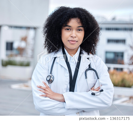 Portrait, woman and doctor with arms crossed, healthcare and success with career, outdoor and life insurance. Face, female person and medical professional with wellness, motivation and proud expert Portrait, woman and doctor with arms crossed, healthcare and success with career, outdoor and life insurance. Face, female person and medical professional with wellness, motivation and proud expert 136317175