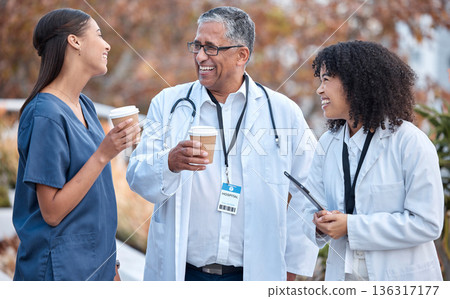 Coffee break, talking and doctors for healthcare planning, happy conversation and outdoor advice from mentor. Internship, funny and social life of medical women, nurses and clinic staff with drink 136317177