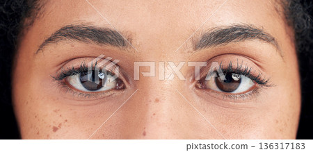 Eyes, vision and face closeup of woman for eyesight, optical care and eyelash extension with mascara. Eyebrows, eyecare and portrait of natural female person with cosmetics, microblading and beauty Eyes, vision and face closeup of woman for eyesight, optical care and eyelash extension with mascara. Eyebrows, eyecare and portrait of natural female person with cosmetics, microblading and beauty 136317183