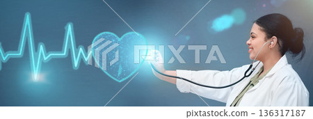 Heart rate, medical and doctor with woman and hologram for healthcare, digital and monitor. Consulting, medicine and future with person and stethoscope on banner for cardiology, heartbeat or wellness Heart rate, medical and doctor with woman and hologram for healthcare, digital and monitor. Consulting, medicine and future with person and stethoscope on banner for cardiology, heartbeat or wellness 136317187