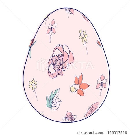 Happy Easter eggs, trendy design with hand-drawn spring flowers. Modern art minimalist style. Vector 136317218