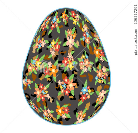 Happy Easter egg with a delicate floral pattern and leopard skin. Flowers and stars, lavender and pink colors. Happy Easter egg with a delicate floral pattern and leopard skin. Flowers and stars, lavender and pink colors. 136317291