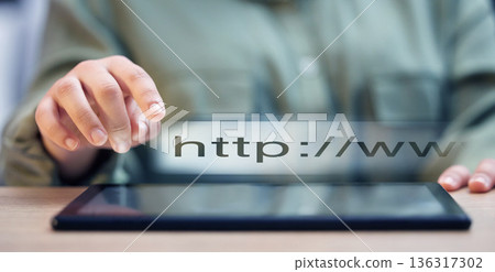 Woman, hands and tablet with search bar, website or URL on table or office desk at home. Hand of female person with digital hologram, research or app for online data or information at the workplace Woman, hands and tablet with search bar, website or URL on table or office desk at home. Hand of female person with digital hologram, research or app for online data or information at the workplace 136317302