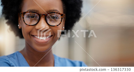 Nurse, smile and portrait of black woman in hospital for medical, space and expert. Medicine, healthcare and nursing with face of person in clinic for wellness, life insurance and surgery mockup 136317330