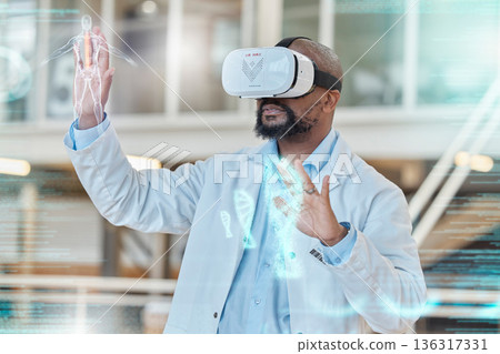 VR, futuristic and black man doctor working on a hologram with DNA, anatomy and overlay in a lab or holiday. Future, healthcare and professional use virtual reality to analyze medical data on screen VR, futuristic and black man doctor working on a hologram with DNA, anatomy and overlay in a lab or holiday. Future, healthcare and professional use virtual reality to analyze medical data on screen 136317331