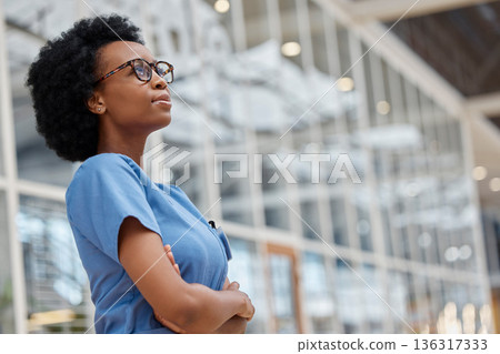 Nurse, arms crossed and thinking with black woman in hospital for medical, idea and expert. Medicine, healthcare and nursing with female person in clinic for wellness, mockup space and surgery 136317333