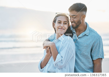 Couple, hug on beach and love, travel and holiday with mockup space and happiness together outdoor. Summer, support and care with affection, man and woman in nature with adventure by the ocean Couple, hug on beach and love, travel and holiday with mockup space and happiness together outdoor. Summer, support and care with affection, man and woman in nature with adventure by the ocean 136317365