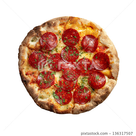 Fresh baked traditional italian pizza with pepperoni, closeup. Isolated on white background 136317507
