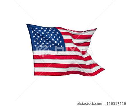 Unaited States of America flag waving, closeup object. Isolated on white background 136317516