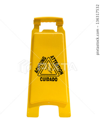 Wet floor warning sign, closeup. Isolated on white background 136317532