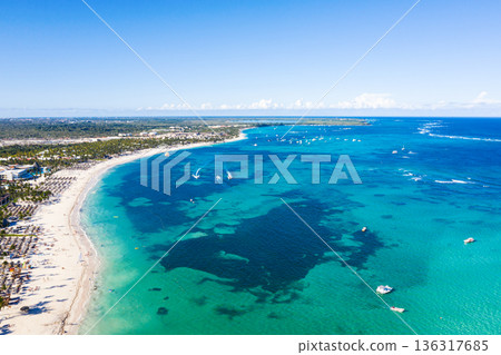 Tropical beach with coconut palm trees and azure caribbean sea. Beautiful landscape. Aerial view 136317685