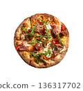 Prosciutto pizza with strachatella cheese, tomatoes and arugula leaves, top view, closeup object. Isolated on white 136317702
