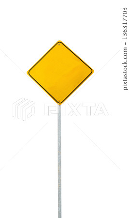 Empty yellow traffic road sign, closeup object. Isolated on white 136317703