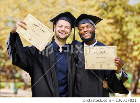 Friends, portrait and graduation to show diploma with smile, diversity and pride at university event. Education, celebration and graduate men with certificate, support and success for learning goals 136317821