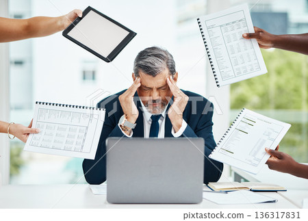 Headache, chaos and business man or manager stress for documents, tablet crisis and accounting problem. People hands, taxes and laptop of tired CEO for multitask, digital mockup and brain fog or pain 136317831