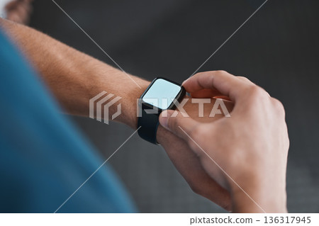 Smart watch, fitness and screen with app to check, measure or time exercise for tracking health on stopwatch or technology. Sports, man and chromakey for workout, training and cardio wellness in gym 136317945