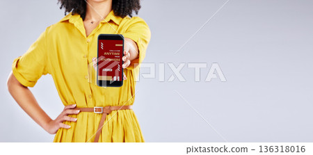 Hands, phone screen and woman with app for taxi isolated in studio on a white background mockup space. Smartphone, travel and person with application, advertising and marketing to call transportation Hands, phone screen and woman with app for taxi isolated in studio on a white background mockup space. Smartphone, travel and person with application, advertising and marketing to call transportation 136318016