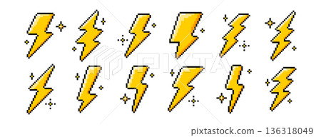 Pixel art lightning bolt icons in retro 8bit style Pixel art lightning bolt icons in retro 8bit style 136318049