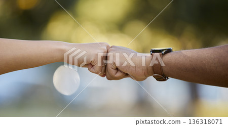 Hands, motivation and fist bump with people outdoor on a blurred background for unity or solidarity. Teamwork, partnership and trust with friends outside together for team building or support 136318071