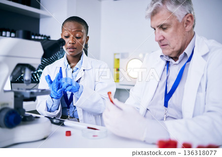 Science, blood sample and research team in laboratory for medical results, collaboration or dna test. A man and woman scientist or doctor with fluid for scientific innovation, study or analysis Science, blood sample and research team in laboratory for medical results, collaboration or dna test. A man and woman scientist or doctor with fluid for scientific innovation, study or analysis 136318077