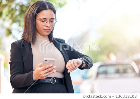 Business, woman and checking time in city with phone for schedule for meeting with planning in morning. Appointment, professional female and looking at watch in street for interview in outdoor. Business, woman and checking time in city with phone for schedule for meeting with planning in morning. Appointment, professional female and looking at watch in street for interview in outdoor. 136318108