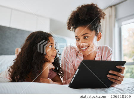 Bed, relax and happy family kid with tablet for streaming child friendly video, morning entertainment or internet. Bedroom wellness rest, bond and home mother, daughter or people smile for online app Bed, relax and happy family kid with tablet for streaming child friendly video, morning entertainment or internet. Bedroom wellness rest, bond and home mother, daughter or people smile for online app 136318109