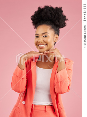 Portrait, fashion and beauty with an afro woman in studio isolated on pink background for trendy style. Smile, hair and face with a happy or confident young african person posing in a clothes outfit 136318111