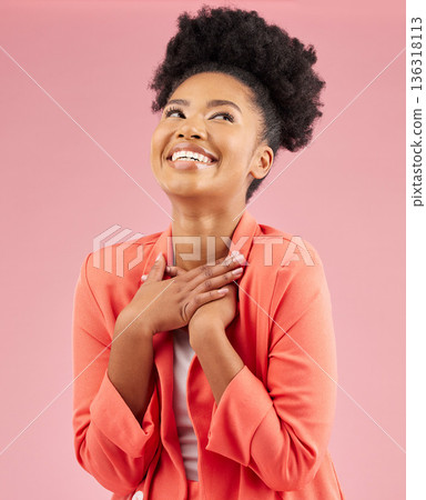 Business woman, proud and studio with a smile feeling excited and happy from advertising job. African female person, worker and pink background with creative employee with confidence of professional Business woman, proud and studio with a smile feeling excited and happy from advertising job. African female person, worker and pink background with creative employee with confidence of professional 136318113