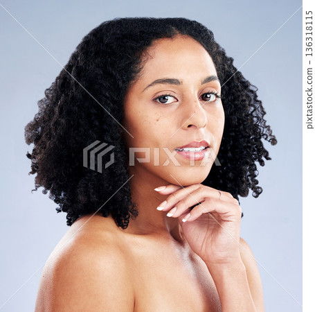 Portrait, beauty and facial with a model black woman in studio on a gray background for skincare. Face, aesthetic or confident with a young female person at the salon for luxury wellness or treatment Portrait, beauty and facial with a model black woman in studio on a gray background for skincare. Face, aesthetic or confident with a young female person at the salon for luxury wellness or treatment 136318115