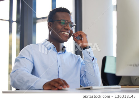 Business, call center or black man with telemarketing, smile or crm with customer service, help or telecom sale. Agent, male person or consultant with happiness, ecommerce or tech support with advice Business, call center or black man with telemarketing, smile or crm with customer service, help or telecom sale. Agent, male person or consultant with happiness, ecommerce or tech support with advice 136318143