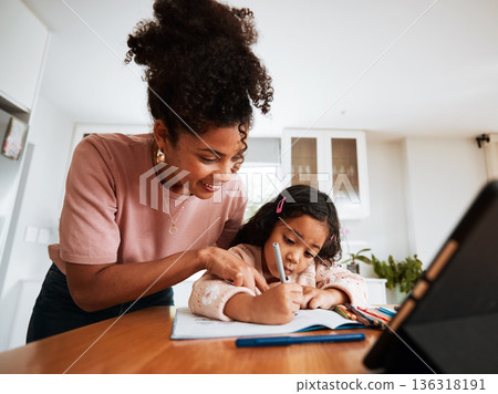 Mother, child student and writing homework on a table at home for learning and development. African woman and a girl kid together for education, homeschool or drawing art with creativity and support Mother, child student and writing homework on a table at home for learning and development. African woman and a girl kid together for education, homeschool or drawing art with creativity and support 136318191