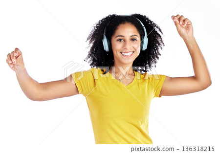 Dance, music and portrait of a woman with headphones in studio streaming audio, sound or radio. Energy, happy and African person isolated on a white background listening and moving to fun song Dance, music and portrait of a woman with headphones in studio streaming audio, sound or radio. Energy, happy and African person isolated on a white background listening and moving to fun song 136318215