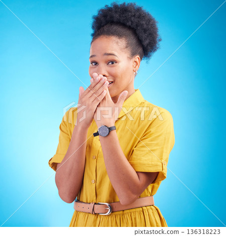 Surprise, omg and hand on face of black woman in studio embarrassed by gossip, rumor or fake news on blue background. Wtf, shock and African lady with emoji reaction to secret, drama or announcement Surprise, omg and hand on face of black woman in studio embarrassed by gossip, rumor or fake news on blue background. Wtf, shock and African lady with emoji reaction to secret, drama or announcement 136318223