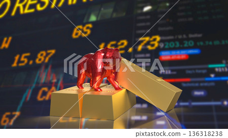 Red Bear Market Symbol On Gold Bars With Falling Stock Chart 3d render. Red Bear Market Symbol On Gold Bars With Falling Stock Chart 3d render. 136318238