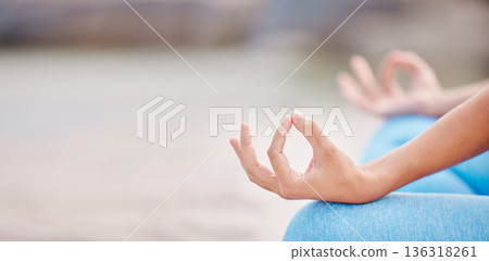 Woman, hands and yoga on mockup for meditation, spiritual wellness or outdoor zen workout in fitness. Closeup of calm female person in relax on beach for mindfulness, awareness or inner peace 136318261