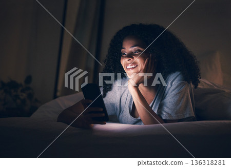 Insomnia, smile and phone with woman in bedroom for social media app, night and networking. Communication, contact and internet with female person in bed at home for mobile, online and technology 136318281