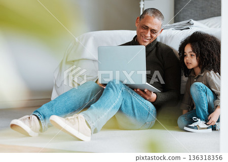 Grandfather, bedroom and family kid with laptop for streaming child friendly video, online games or search web. Love bond, quality time together and relax senior man babysitting grandchild at home 136318356