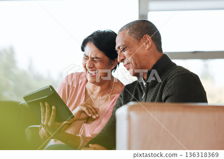 Relax, funny and search with old couple and tablet on sofa for communication, social media or networking. Technology, contact and online with senior man and woman in living room at home for laugh 136318369