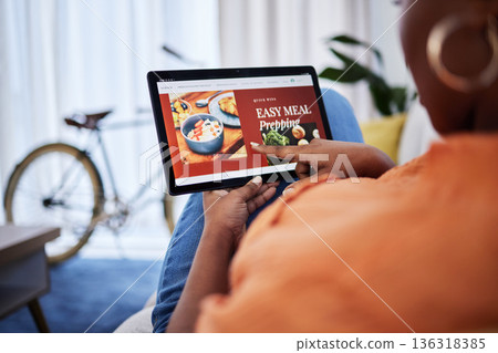 Fast food, menu screen or hands with tablet for meal delivery, payment or online order on website. Ecommerce user, scroll or woman on application to search for lunch, dinner or supper choice at home Fast food, menu screen or hands with tablet for meal delivery, payment or online order on website. Ecommerce user, scroll or woman on application to search for lunch, dinner or supper choice at home 136318385