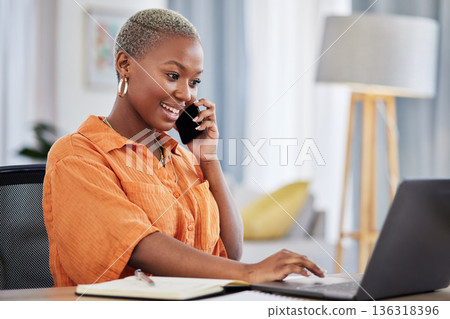 Phone call, laptop and business black woman in discussion, planning and startup ideas for freelance. Remote work, communication and happy female worker talking, speaking and chatting on smartphone Phone call, laptop and business black woman in discussion, planning and startup ideas for freelance. Remote work, communication and happy female worker talking, speaking and chatting on smartphone 136318396