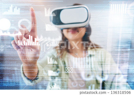 Business woman, hologram and virtual reality chart with press, choice or big data analysis in metaverse. Futuristic programming expert, ar vision or coding for development, creativity and 3d overlay Business woman, hologram and virtual reality chart with press, choice or big data analysis in metaverse. Futuristic programming expert, ar vision or coding for development, creativity and 3d overlay 136318506