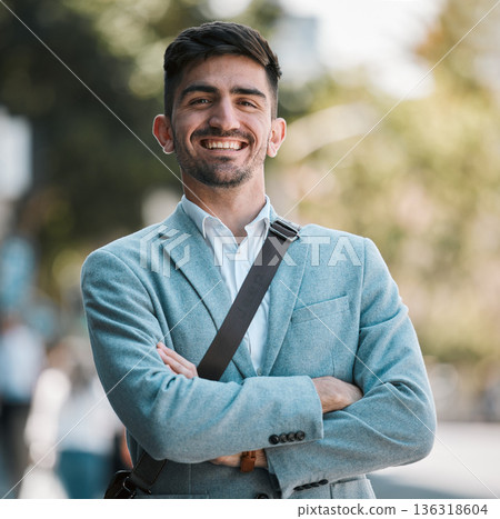 Crossed arms, city and portrait of business man for happy mindset, startup goals and commute. Travel, professional job and face of male entrepreneur in urban town for career, working and success Crossed arms, city and portrait of business man for happy mindset, startup goals and commute. Travel, professional job and face of male entrepreneur in urban town for career, working and success 136318604