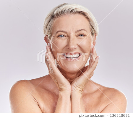 Face portrait, senior or happy woman with skincare, beauty or wellness in studio isolated on white background. Dermatology, smile or mature lady with clean facial self care, cosmetics or natural glow Face portrait, senior or happy woman with skincare, beauty or wellness in studio isolated on white background. Dermatology, smile or mature lady with clean facial self care, cosmetics or natural glow 136318651