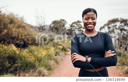 Fitness, smile and portrait with black woman in nature for health, workout and running. Performance, sports and exercise with female runner training on mountain trail for speed, marathon and wellness Fitness, smile and portrait with black woman in nature for health, workout and running. Performance, sports and exercise with female runner training on mountain trail for speed, marathon and wellness 136318699