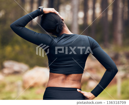 Exercise, stretching neck and back of woman in nature for fitness, training and sports in forest. Healthy body, mountain and female person getting ready with warm up, cardio workout and wellness Exercise, stretching neck and back of woman in nature for fitness, training and sports in forest. Healthy body, mountain and female person getting ready with warm up, cardio workout and wellness 136318709