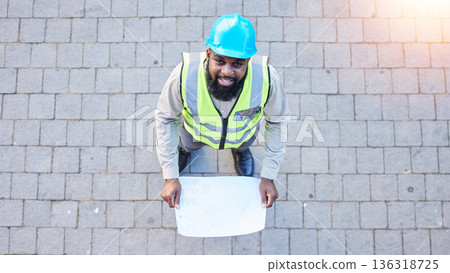 Black man, portrait and architect with blueprint above for construction, planning or project ideas on site. Top view of male person, engineer or contractor with floor plan documents for architecture Black man, portrait and architect with blueprint above for construction, planning or project ideas on site. Top view of male person, engineer or contractor with floor plan documents for architecture 136318725