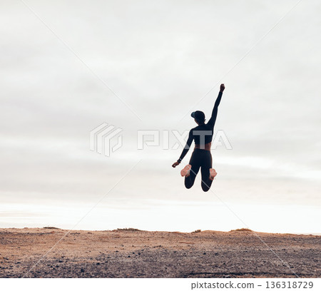 Wellness, fitness goals and woman jump in nature for achievement, success and celebrate workout Sports, mockup space and happy female person with hands in air for exercise, training or running target Wellness, fitness goals and woman jump in nature for achievement, success and celebrate workout Sports, mockup space and happy female person with hands in air for exercise, training or running target 136318729